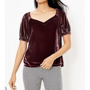 Loft Womens Velvet Peasant Top Size S Dark Pink Puff Sleeve Sweetheart Neck NOWT